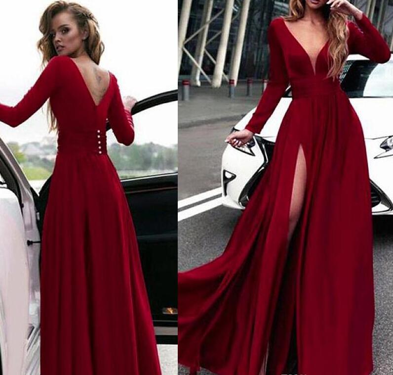 

Sparkly Deep V-neck Neckline Long Sleeves A-line Prom Dresses With Glamorous Slit Red Prom Party Dresses Evening Gowns Custom Made, Light sky blue