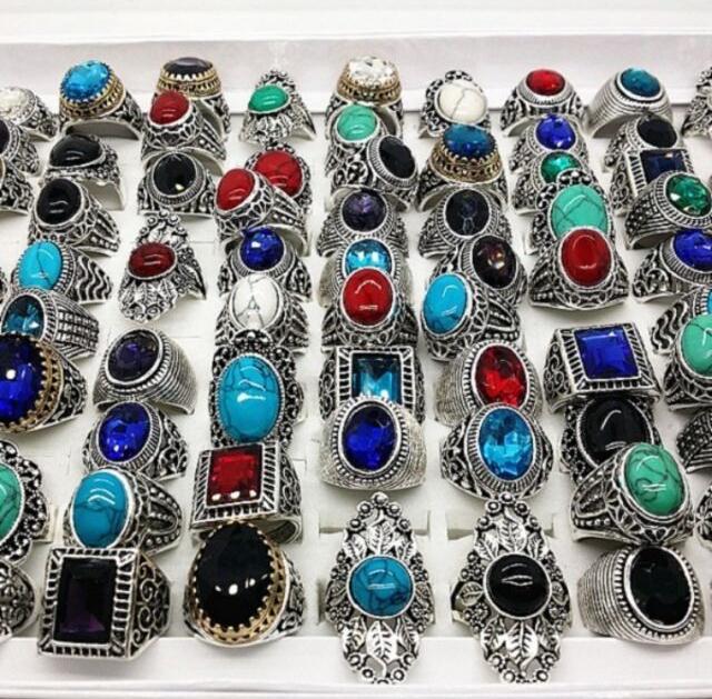 20pcs/pack mix style antique silver mens womens fashion jewelry rings vintage stone gemstone ring party gift wholesale