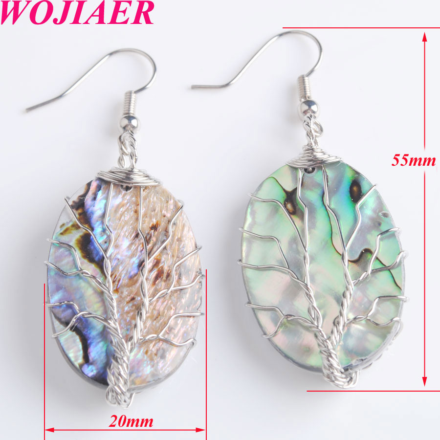 WOJIAER Natural Abalone Shell Pearl Dangle Earrings Women's Tree of Life Oval Drop Earring Cute Gifts Charm Jewelry BV907