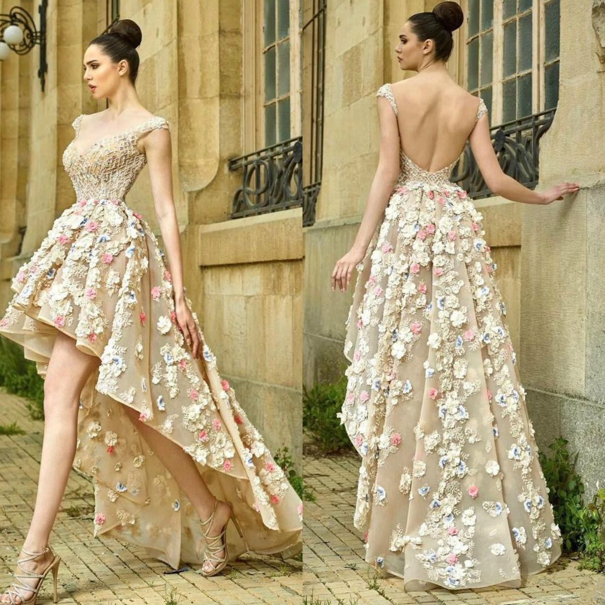 Gorgeous High Low Prom Dresses 3D wer Appliqued Crystal Beads Lace Evening Gowns Illusion Organza Women Special Ocn Plus Size Dress