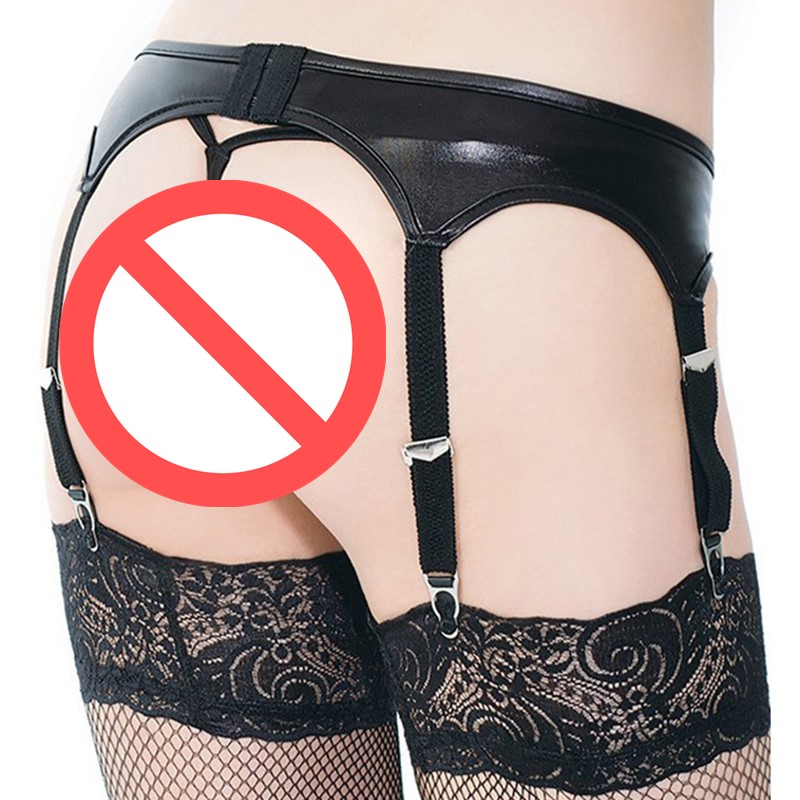 4-Metal Buckles Straps Garter Belt PU Leather and G-string Panty Lingerie Set Women Sexy Suspender Black Faux Leather Belt Plus Size 3XL-6XL