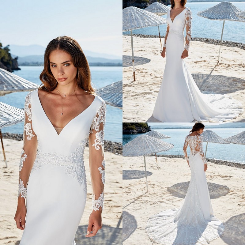 Eddy K 2019 Mermaid Wedding Dresses Long Sleeve V Neck Lace Appliqued Satin Bridal Gowns Country Bohemian Boho Beach Wedding Dress