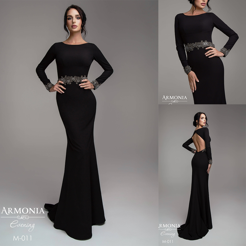 2020 Black Mermaid Evening Dresses Scoop Neck Beaded Long Sleeves Prom Dress Backless Ruffle Sweep Train Custom Made Formal Party Gown