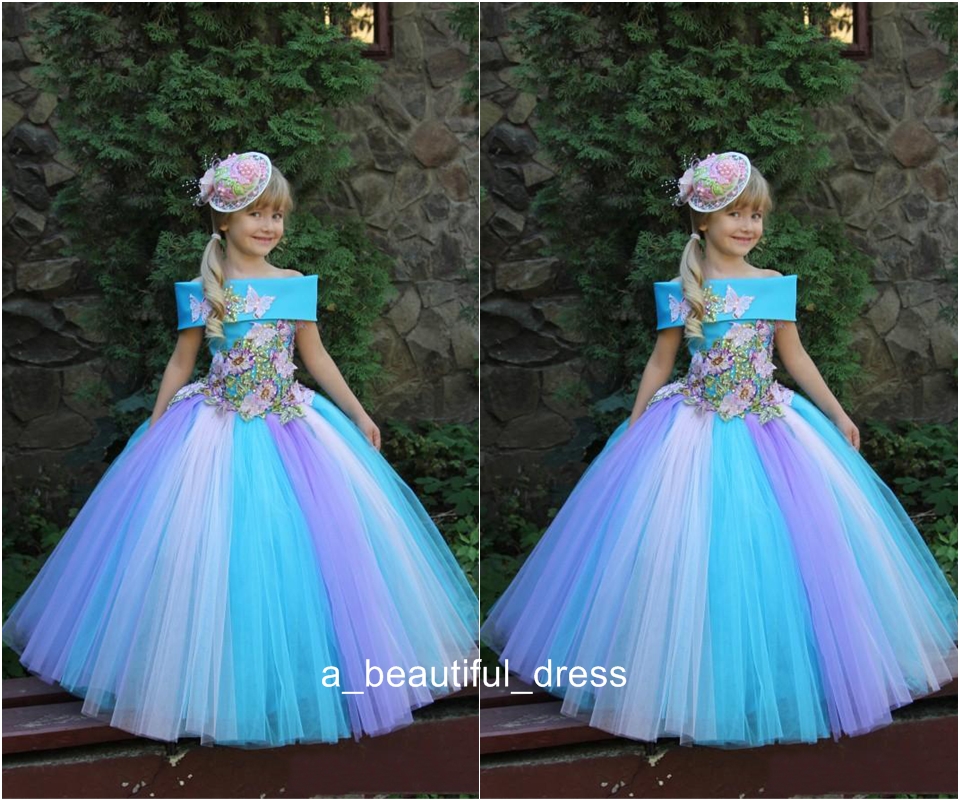 Princess Girls Pageant Dresses Off-the Shoulder Butterfly Appliques Flower Girls Dresses For Weddings Ball Gown Kids Party Dress FG1329