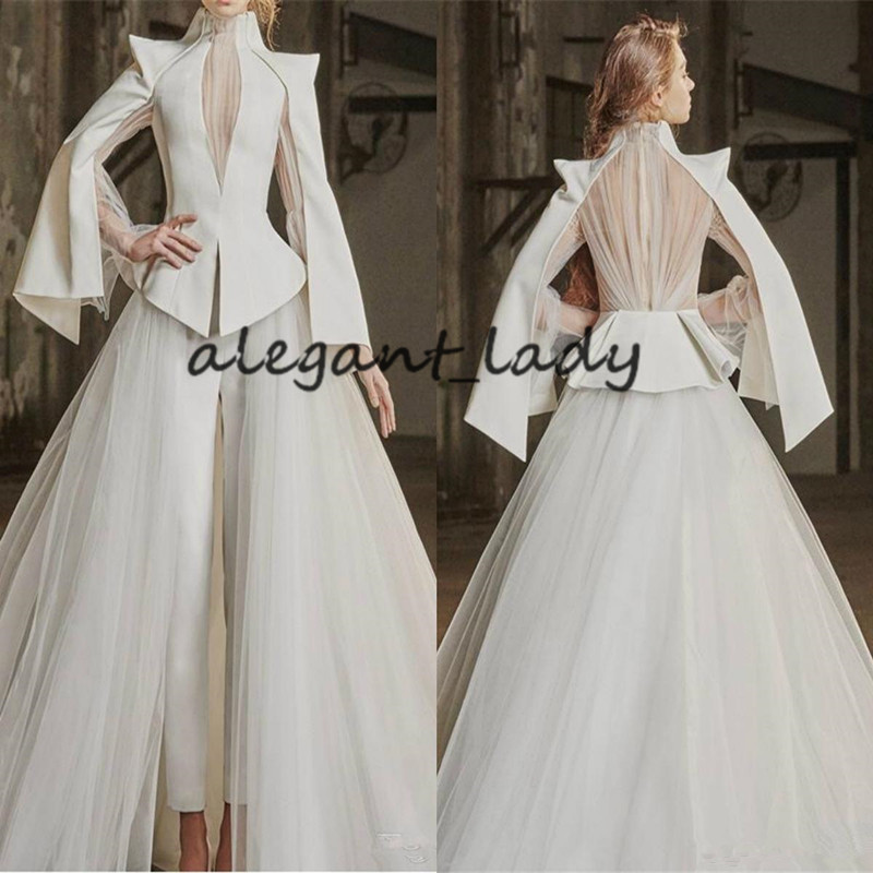 Vintage Wedding Jumpsuit with Detachable Train 2020 Long Sleeve High Neck Plus Size robes de mariée Bride Pant Suit Wedding Gown