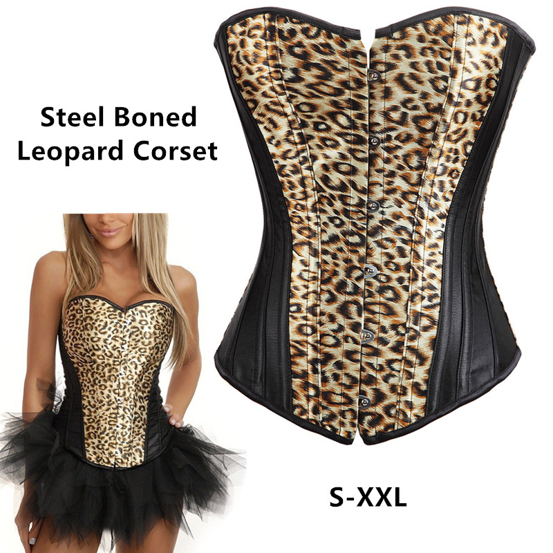Steel Boned Contrast Brown Leopard Overbust Corset Padded Bustier Women's Fashion Lace-up Corset Top S-XXL Drop Ship Mix and Match Wholesale
