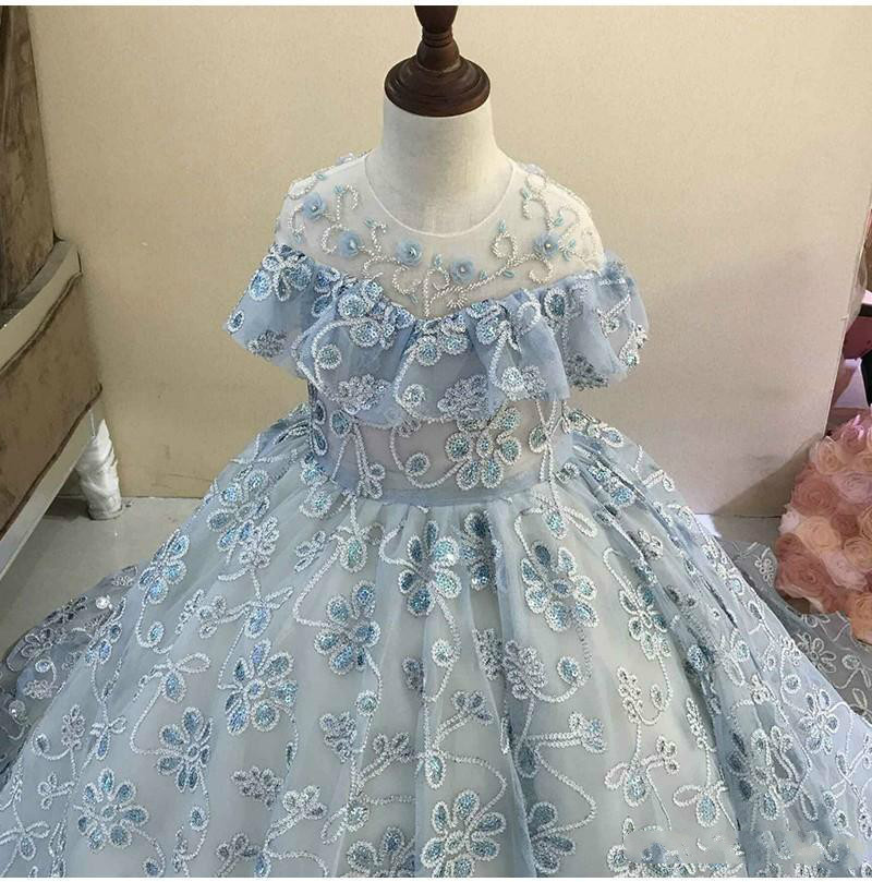 Light Blue Flower Girl Dresses For Wedding Tulle Appliqued Beads Sequins Ball Gown Little Girls Pageant Dress First Communion Gowns
