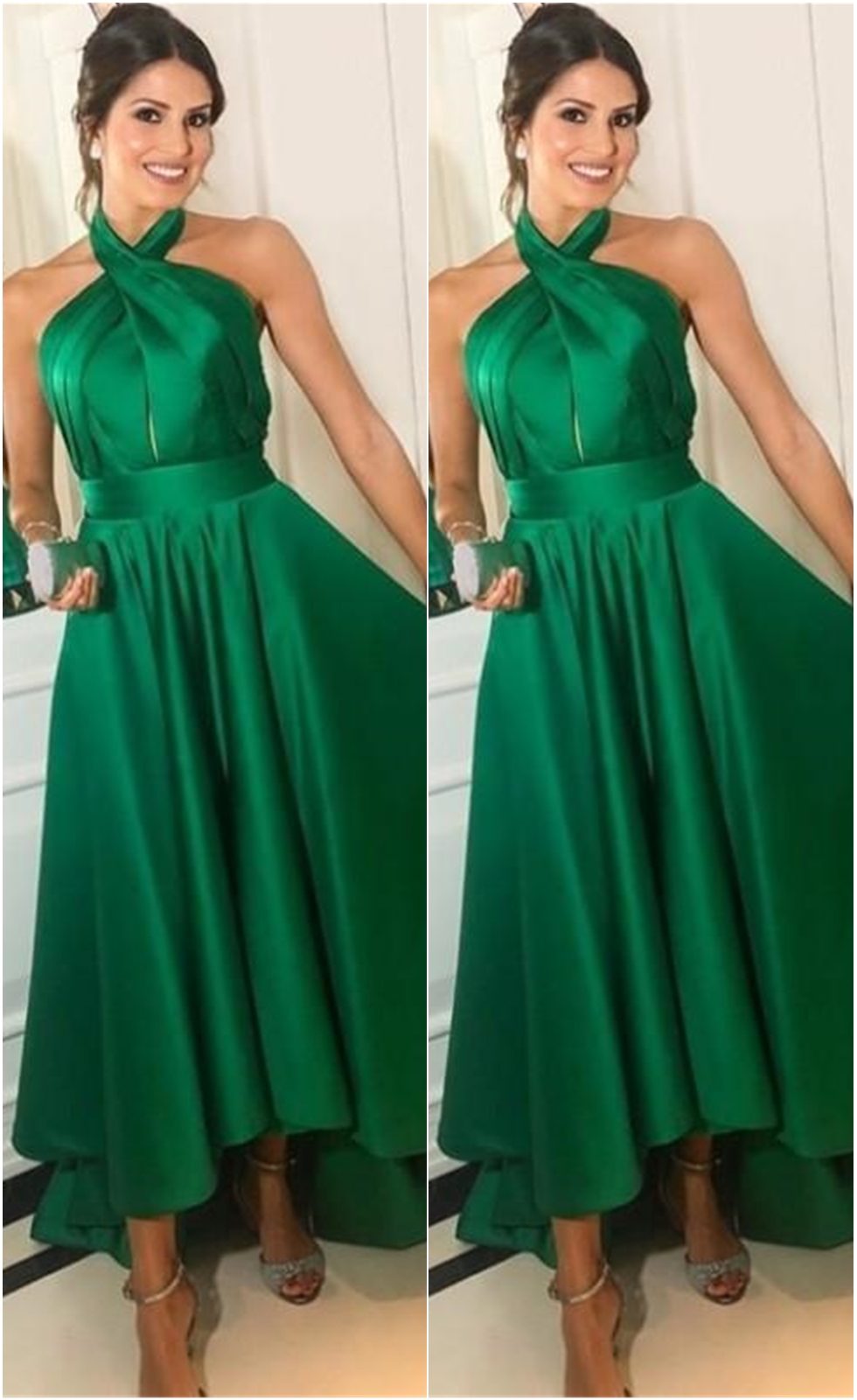 2020 Sleeveless Pleated Satin Sexy Backless Ankle Length Prom Party Formal Gowns Elegant Hunter Halter A-line Hi-Lo Evening Dresses