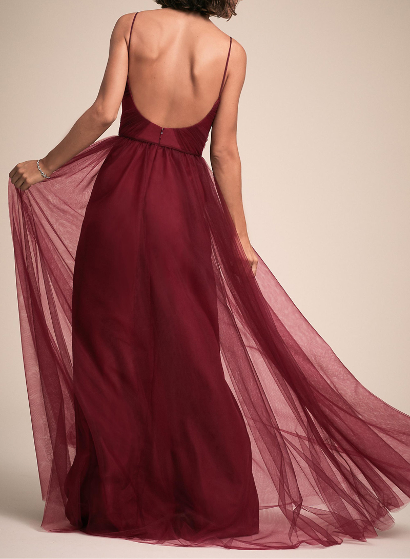 Sexy Backless Long Bridesmaid Dresses Long Bungundy Tulle Bridesmaid Dresses Pleats Spaghetti Royal Blue, Dark Navy