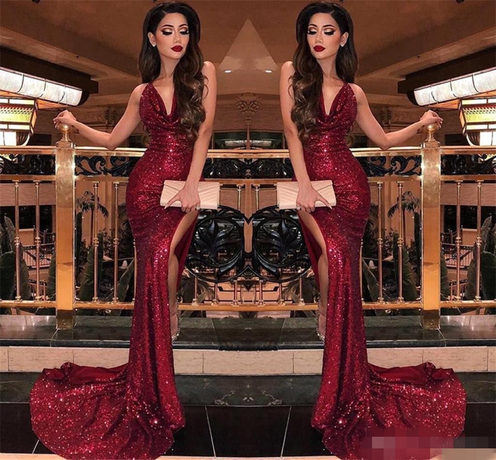 Sparkly Dark Red Sequins Prom Dresses Deep V Neck Pleats Ruched Sweep Train High Slit Split Custom Made 2019 Formal Evening Party Gowns, Daffodil
Sparkly Dark Red Sequins Prom Dresses Deep V Neck Pleats Ruched Sweep Train High Slit Split Custom Made 2019 Formal Evening Party Gowns, Daffodil
