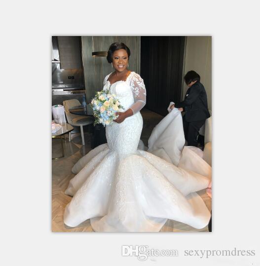 South African Mermaid Wedding Dresses Lace Appliques Sheer Long Sleeves Ruched Bridal Gowns Satin Vestidos De Mariee