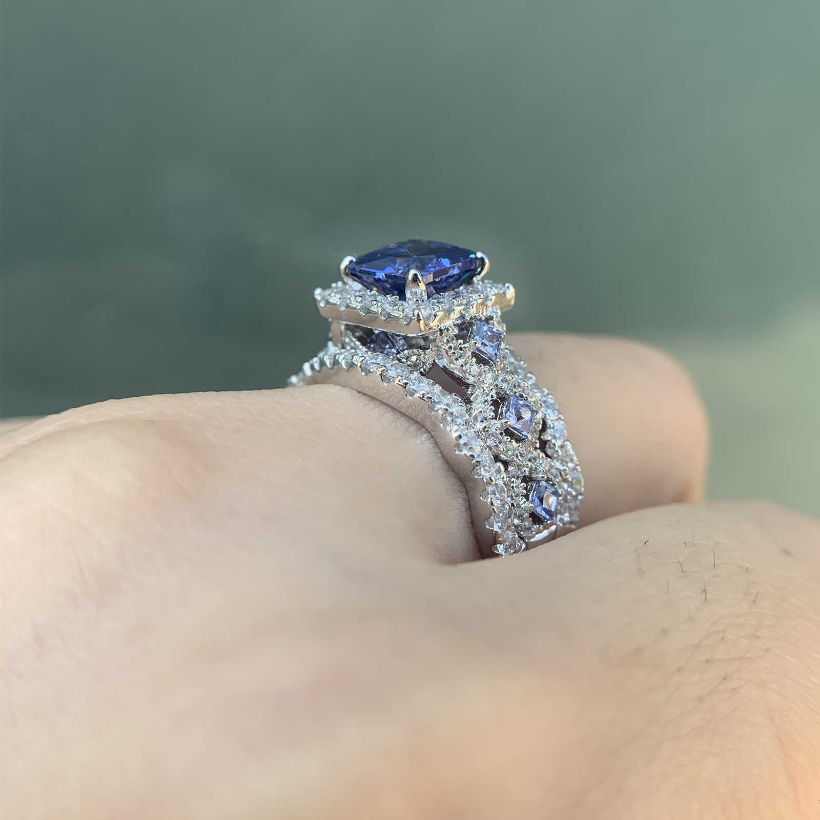 Wuziwen Purple Blue Princess Cut Tanzanite Gemstone Wedding Ring Set For Women Classic Jewelry 3 Pcs 925 Sterling Silver Rings CJ191210