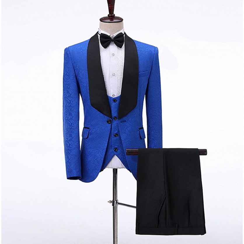 Custom Made Men Suits Royal Blue Pattern and Black Groom Tuxedos Shawl Satin Lapel Groomsmen Wedding Best Man ( Jacket+Pants+Vest+Tie ) L374