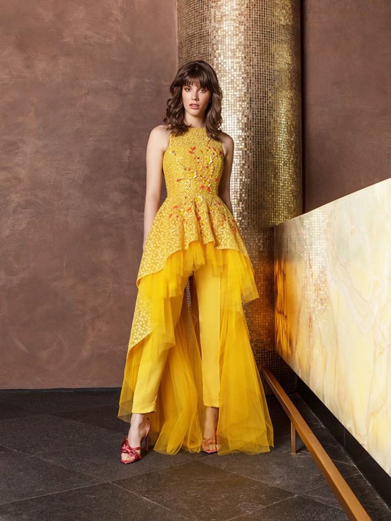 Chic 2020 Yellow Jumpsuits Prom Dresses High Low Jewel Neck Dubai Arabic Celebrity Evening Gowns Lace Pantsuits Formal Pageant Dress