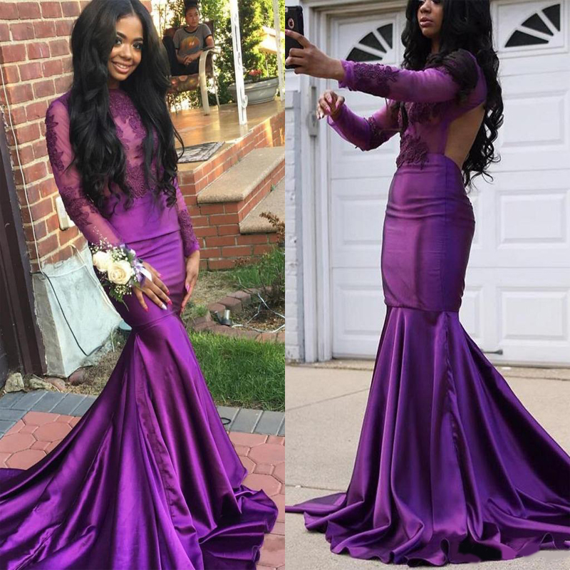 Purple Long Sleeve Mermaid Evening Dresses 2020 Arabic Lace Appliques High Collar Backless Long Prom Gowns Plus Size robes de soirée