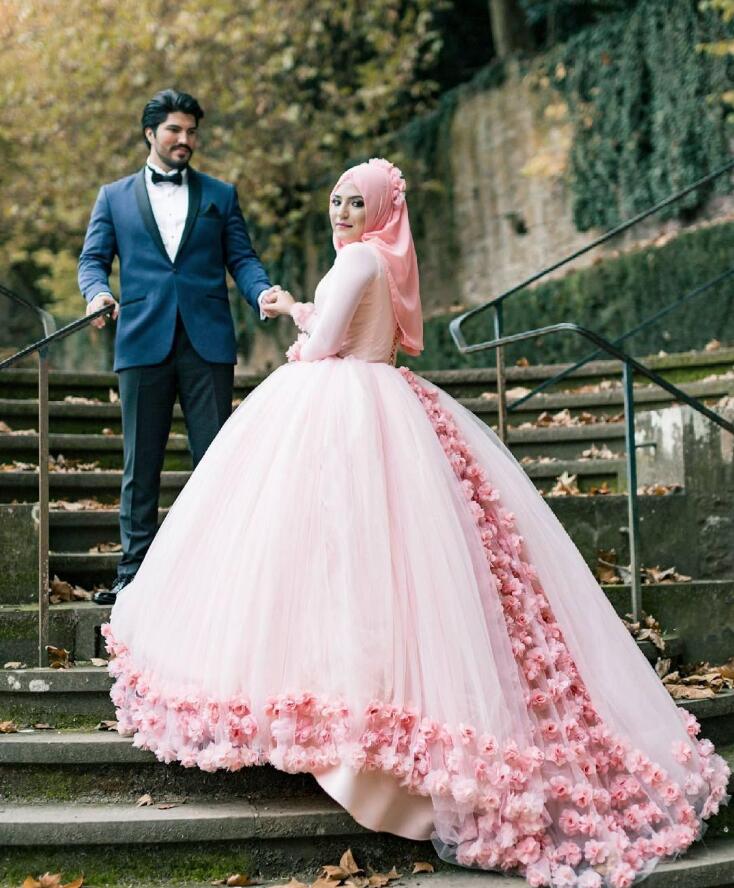 Muslim bridal Ball Gown Color Wedding Dresses 2020 high neck Long Sleeves 3D-Floral Appliques Saudi Arabia Wedding Dress Custom Made