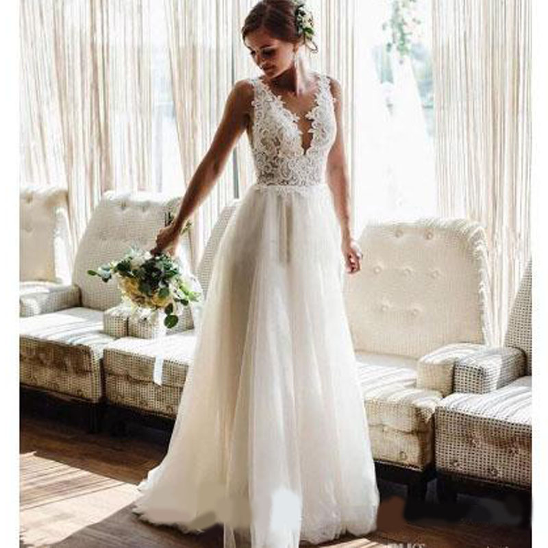 Wedding Dresses V Neck Backless Sweep Train Appliques Beads Garden Beach Boho Bridal Gowns vestidos de novia Plus Size