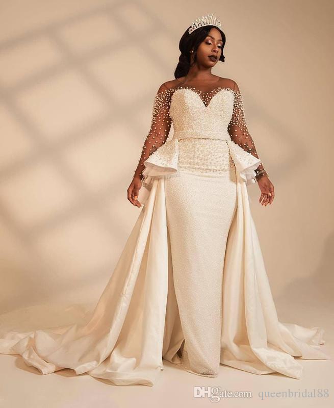 2019 African Plus Size Wedding Dresses With Overskirts Sheer Neck Long Sleeves Bridal Gowns South African Trumpet Wedding Dress