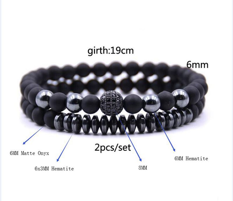 Two 6MM matte black agate micro-inlaid zircon bracelet for men and women couples from Reiki Healing Bracelet Gifts
