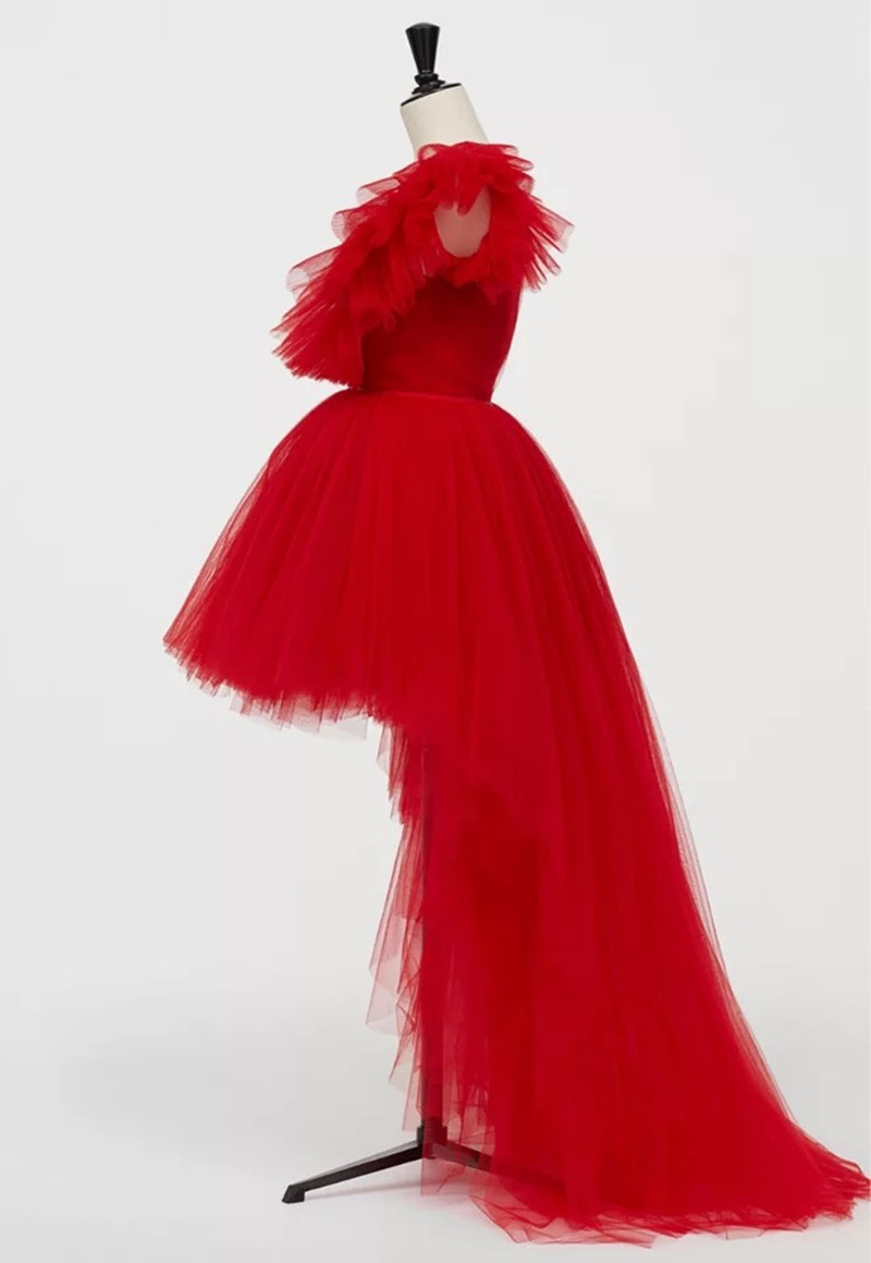 2020 New Red Image Hot Red High Low Tulle Prom Dresses Deep V-neck Long Tutu Prom Gowns Ruffles Formal Party Dresses 2020