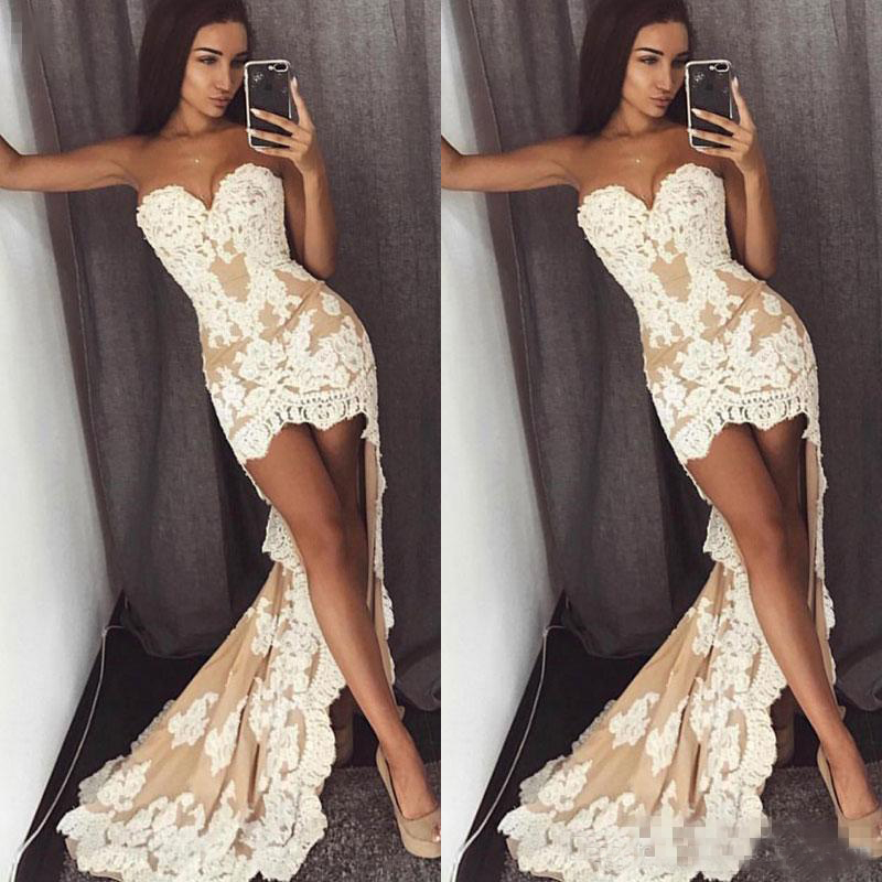 Sexy Hi Lo Lace A Line Prom Dresses 2019 Cocktail Dresses Sweetheart Front Short Back Long Plus Size Evening Occasion Party Wears Custom Mad