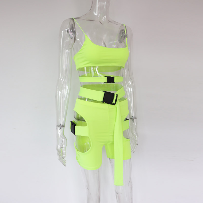 Beyprern Hot Girl Sexy Cut Out Neon Green Buckle Shorts Set Women Tight Buckle Matching Set 2 Piece Night Out Outfits Wholesale