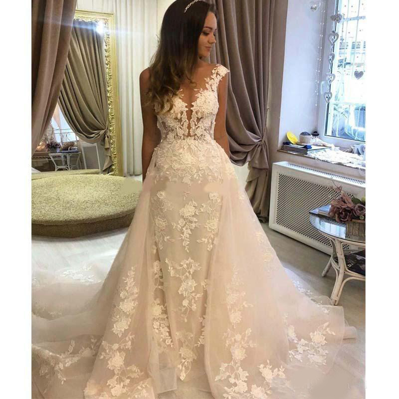 2020 Overskirts Arabic Mermaid Wedding Dresses 3D Floral Appliques Cap Sleeve Bridal Gown With Detachable Train Lace Buttons Back