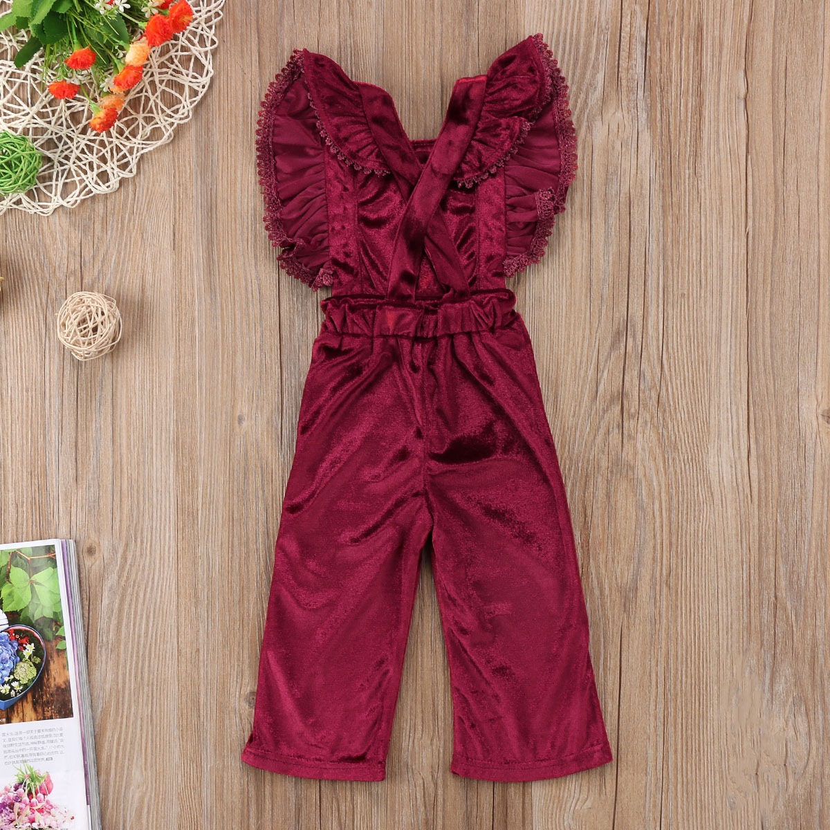 Fashion Kid Baby Girls Clothes Flying Sleeves Ruffles Backless Velvet Overalls Romper Jumpsuit Playsuit BibPants Toddler Outfits Set B11