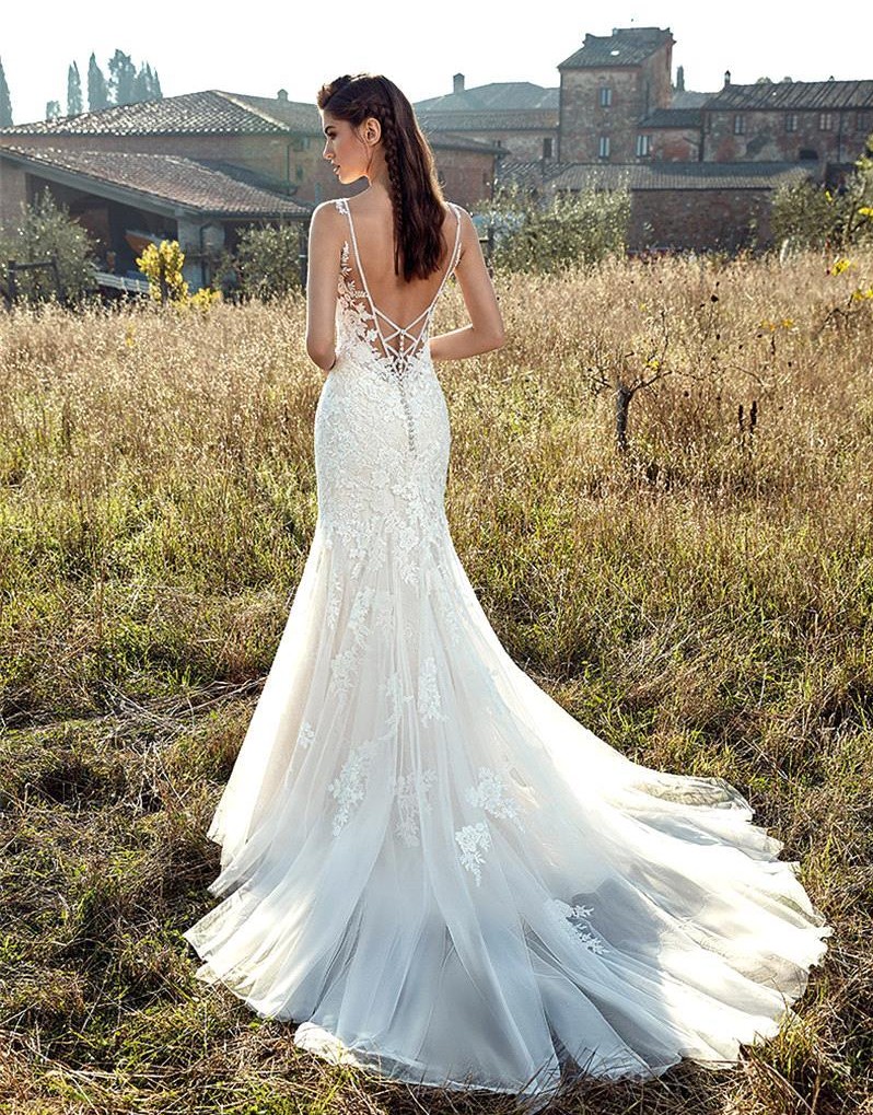 Backless Fashion Mermaid Lace Wedding Dresses Sheer Bateau Neck Beach Bridal Gowns Trumpet Sweep Train Tulle Vestidos De Novia