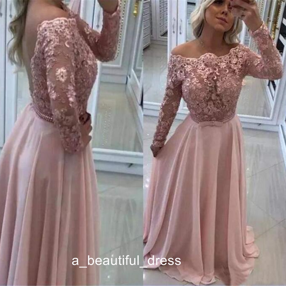 Modest Blush Pink Prom Dresses Long Sleeve Lace Appliques Beaded Party Dresses Backless Evening Wear Custom Made vestidos de fiesta PD5564