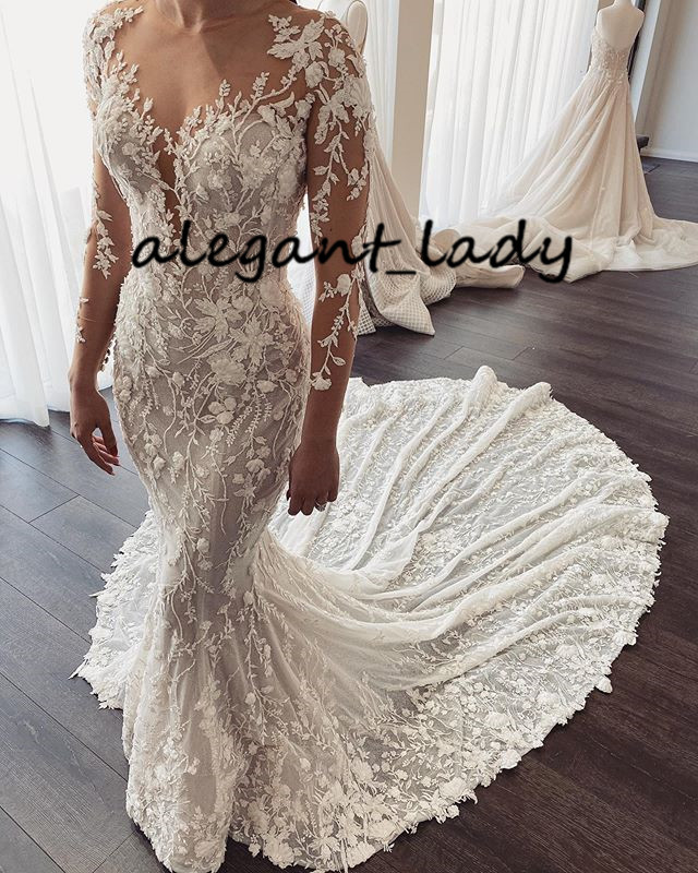 Luxury Mermaid Beach Wedding Dress with Long Sleeve 2020 Full Lace Embroidery Chapel Train Arabic Dubai Muslim Bride Gown Traine Mariage