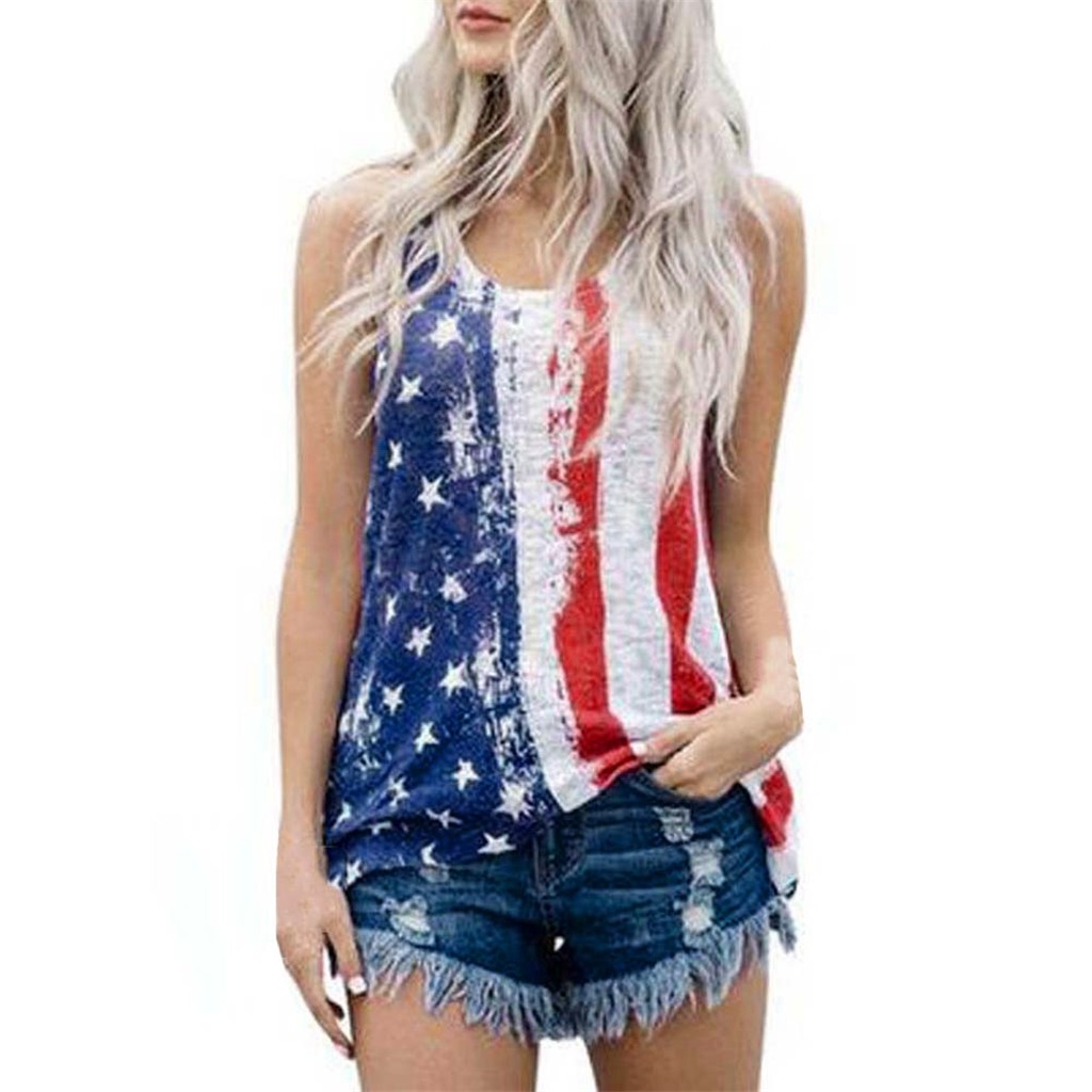 Summer Fashion Patriotic Stripes Star American Flag Print Blouse Casual Ladies Tank Vest Tee Tops Female Women Sleeveless Shirt B4