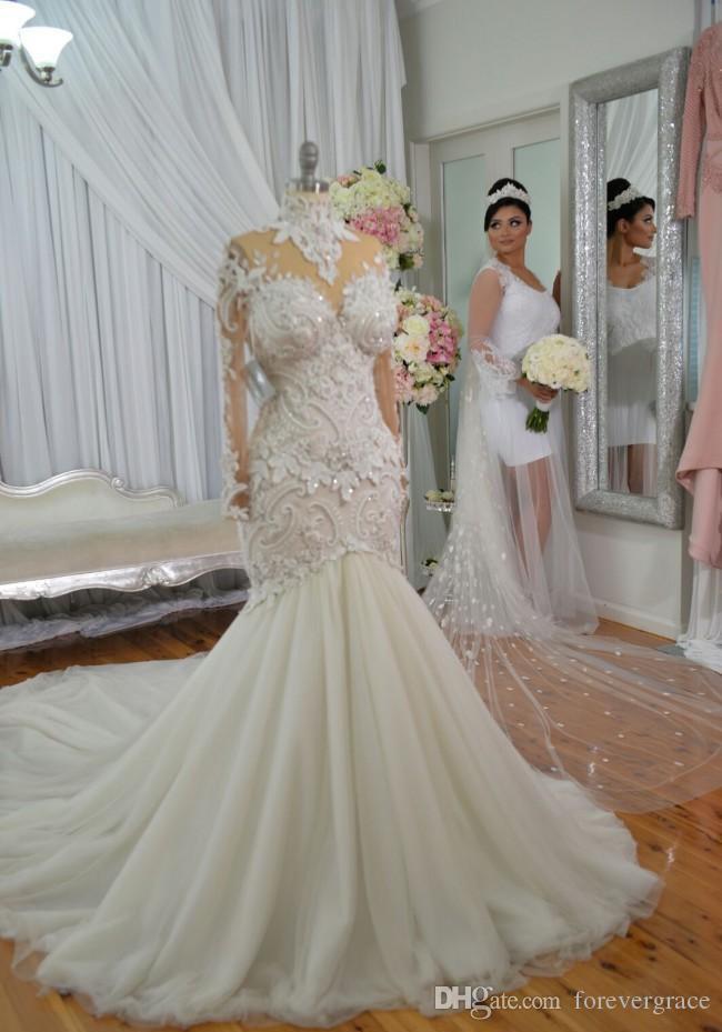 2019 Romantic Flora Dubai Style Wedding Dress Elegant Mermaid Long Sleeves Sheer High Neck Garden Bridal Gown Custom Made Plus Size