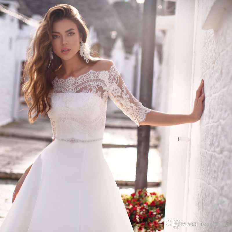 Cheap Satin Beach A Line Wedding Dresses Bateau Neck 1/2 Sleeve Plus Size Wedding Dress Bridal Gown Vestido De Noiva robe de mariée