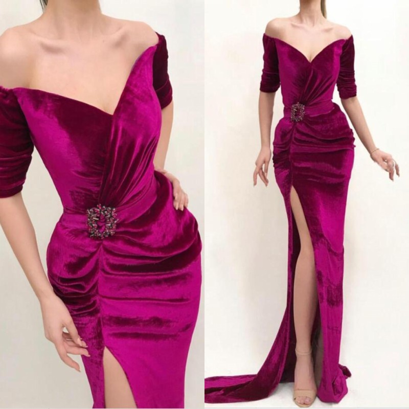 Velvet Mermaid Prom Dresses Off Shoulder Half Sleeves Pleats Side Split Evening Dress With Sash Beads Party robe de soiree, Black
Velvet Mermaid Prom Dresses Off Shoulder Half Sleeves Pleats Side Split Evening Dress With Sash Beads Party robe de soiree, Black