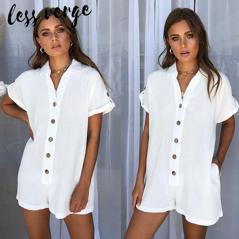 Lessverge Casual Summer Khaki Linen Jumpsuit Women White Button Pockets Beach Rompers Loose Short Sleeve Playsuit Overalls 2019 Y190502