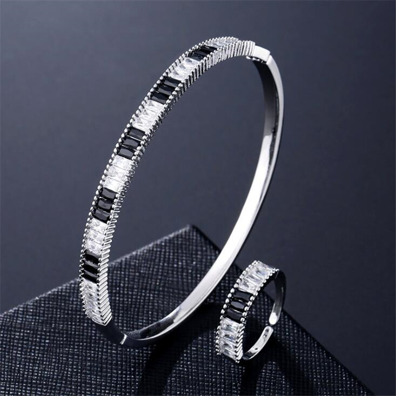 New Sparkling Jewelry Set High Quality 925 Sterling Silver&Gold Fill T Princess Bangle White 3A Cubic Zircon Party Women Wedding Ring Gift