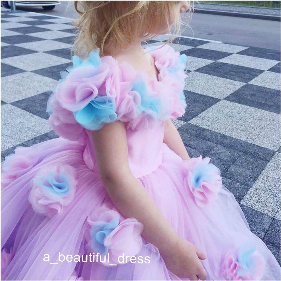 Floral Ball Gown Flower Girl Dresses Ruffle Combined Colorful Hand Made Flower Girl Pageant Gowns Custom Made First Communion Gown FG1313