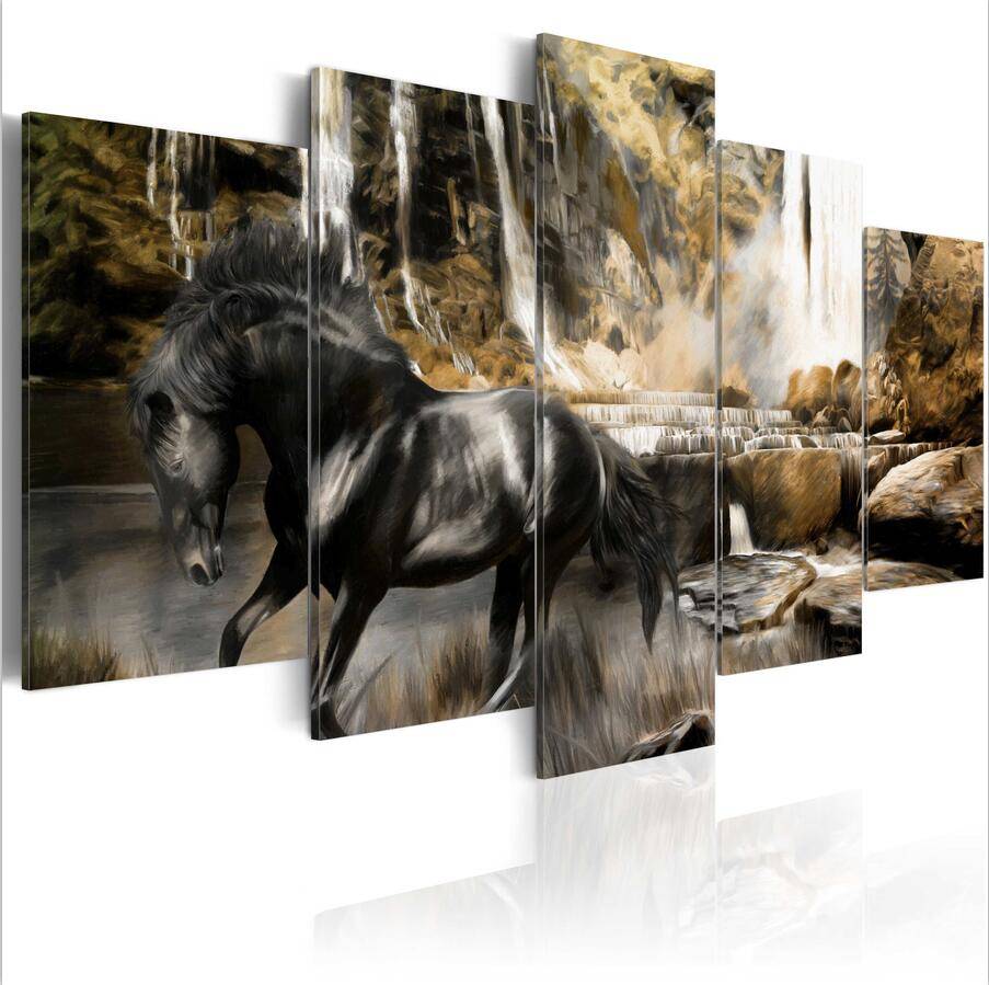 5pcs/set Unframed Black Horse HD Print On Canvas Wall Art Picture For Home and Living Room Decor 2 color