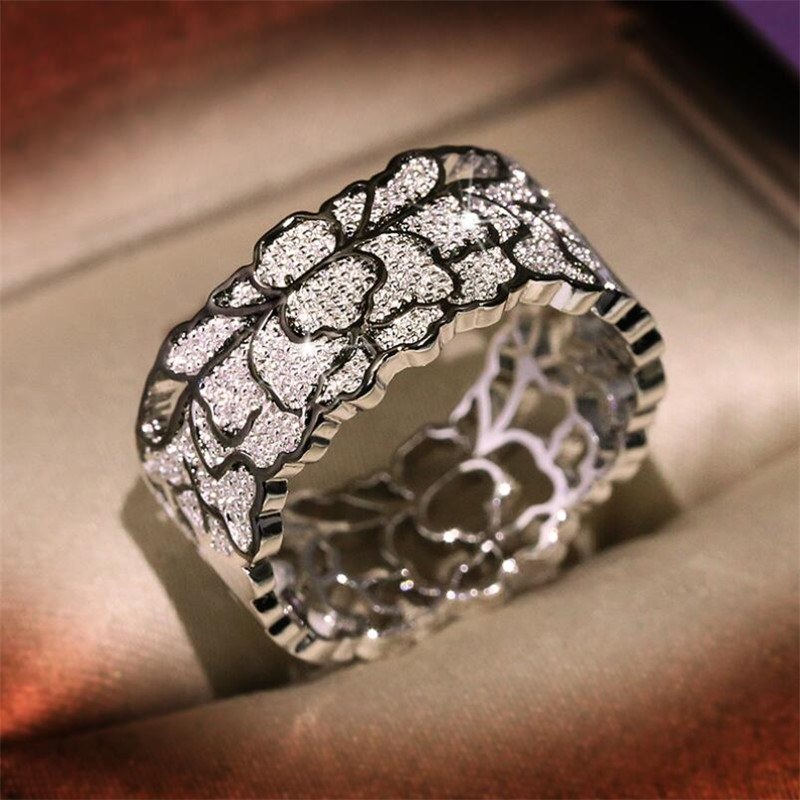 Unique Classic Fashion Jewelry Sweet Cute 925 Sterling Silver Lace Flower Pave White Sapphire CZ Diamond Hollow Women Wedding Band Ring Gift