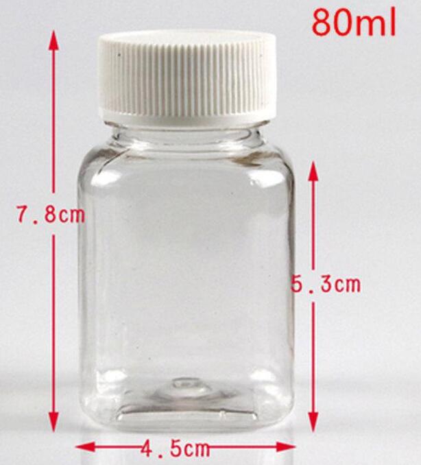 30ml 50ml 80ml Transparent Square PET Bottle, Packing Bottle, Capsule Bottle, Plastic Bottle with white cap