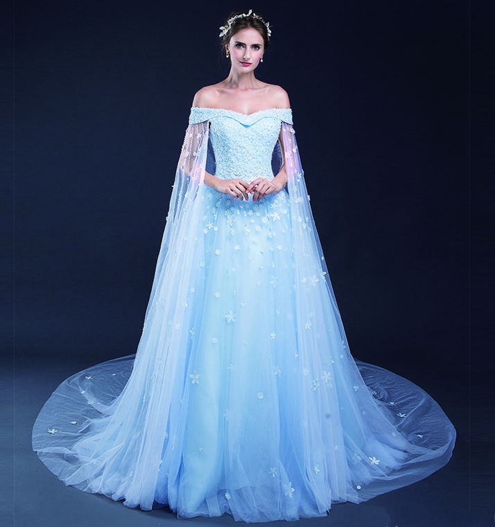 Light Sky Blue A Line Wedding Dresses Flower Lace Applique Lace Up Tull Off The Shoulder Bridal Dresses Wedding Gowns Custom Made HY4154