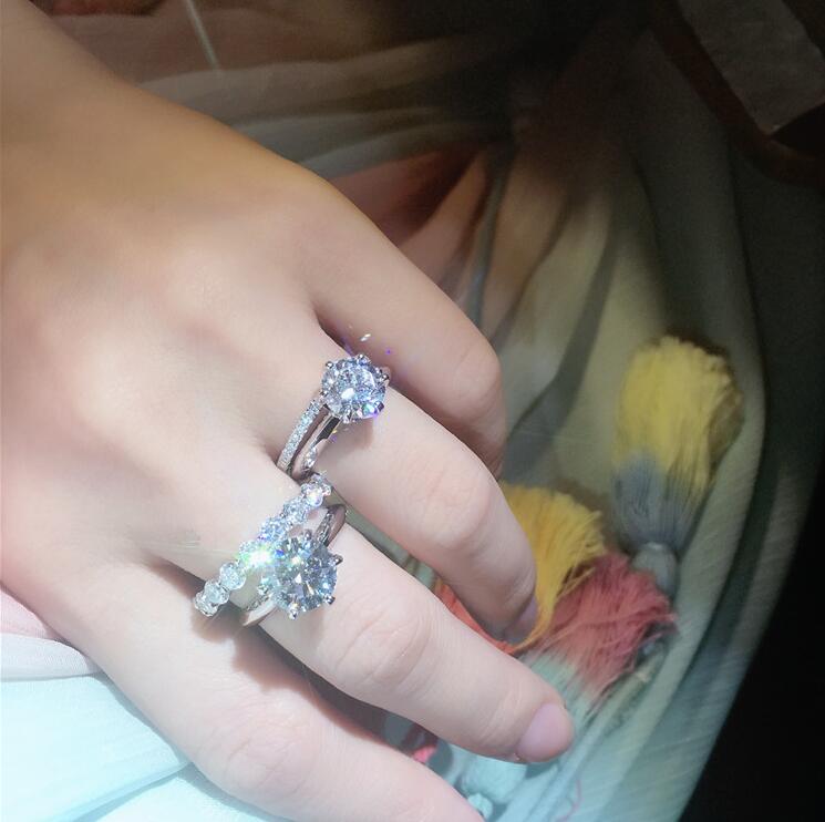 Sparkling Couple Rings Infinity Brand New Luxury Jewelry 925 Sterling Silver White Topaz Six Claw Eternity Women Wedding Bridal Ring Set