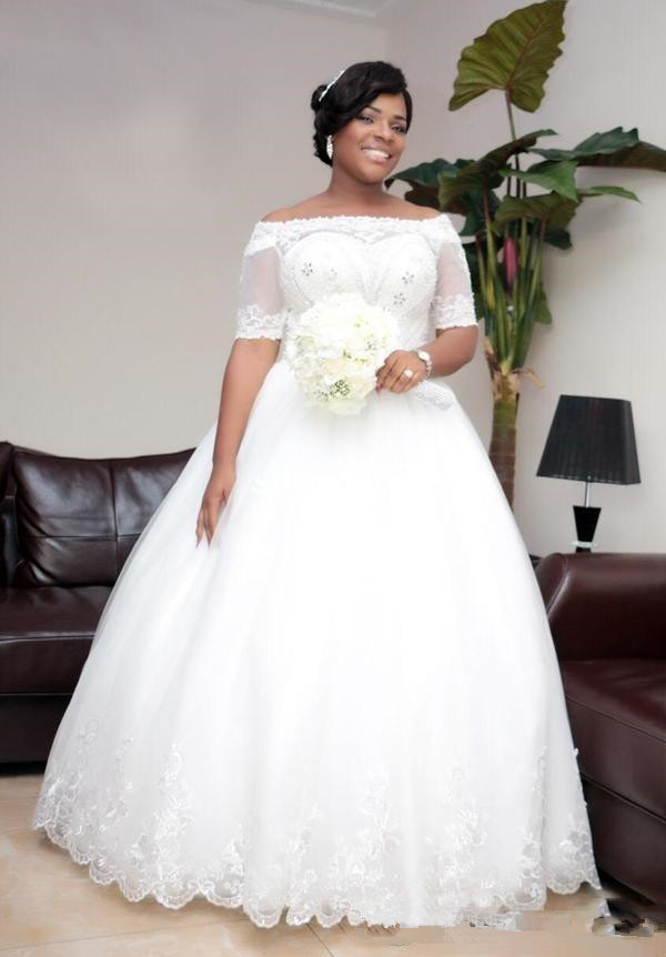 Nigeria Lace Off Shoulder Wedding Dresses Sheer Half Sleeves Beaded Lace Up Plus Size Bridal Gowns A Line African Wedding Vestidos