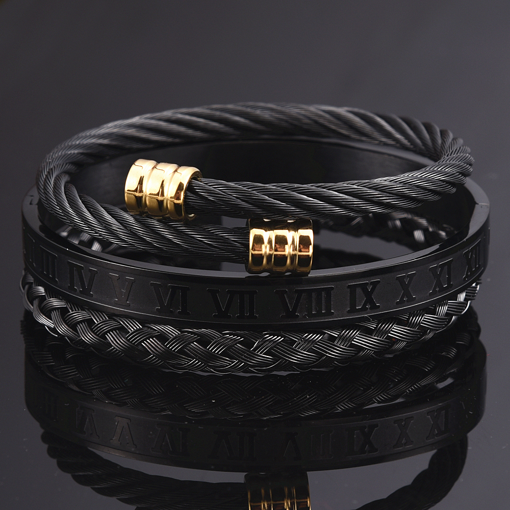 3pcs/Set Roman Numeral Men Bracelet Handmade Stainless Steel Hemp Rope Buckle Open Bangles Pulseira Bileklik Luxury Jewelry