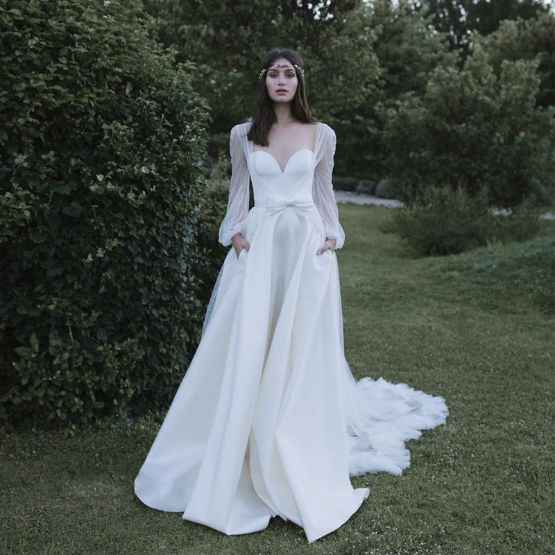 A Fabulous E Wedding Dresses With Detachable Long Sleeves Jacket Sweetheart Neck Bridal Gowns Satin Sweep Train Robe De Mari E