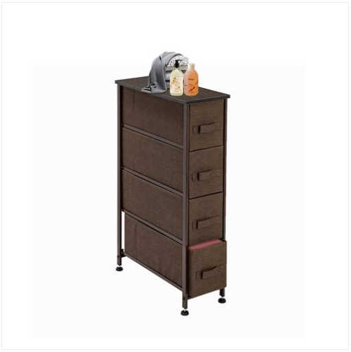 Brown Narrow Dresser Vertical Storage Unit +4 Fabric Drawers Slim Storage Tower