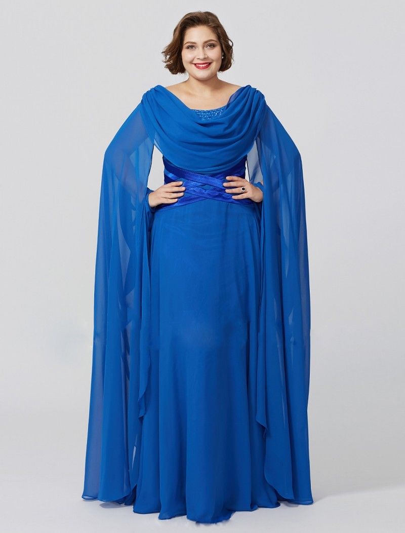 Royal Blue Chiffon Mother Of The Bride Dresses Jewel Neck Long Sleeve Plus Size Evening Dress Floor Length Formal Party Gowns