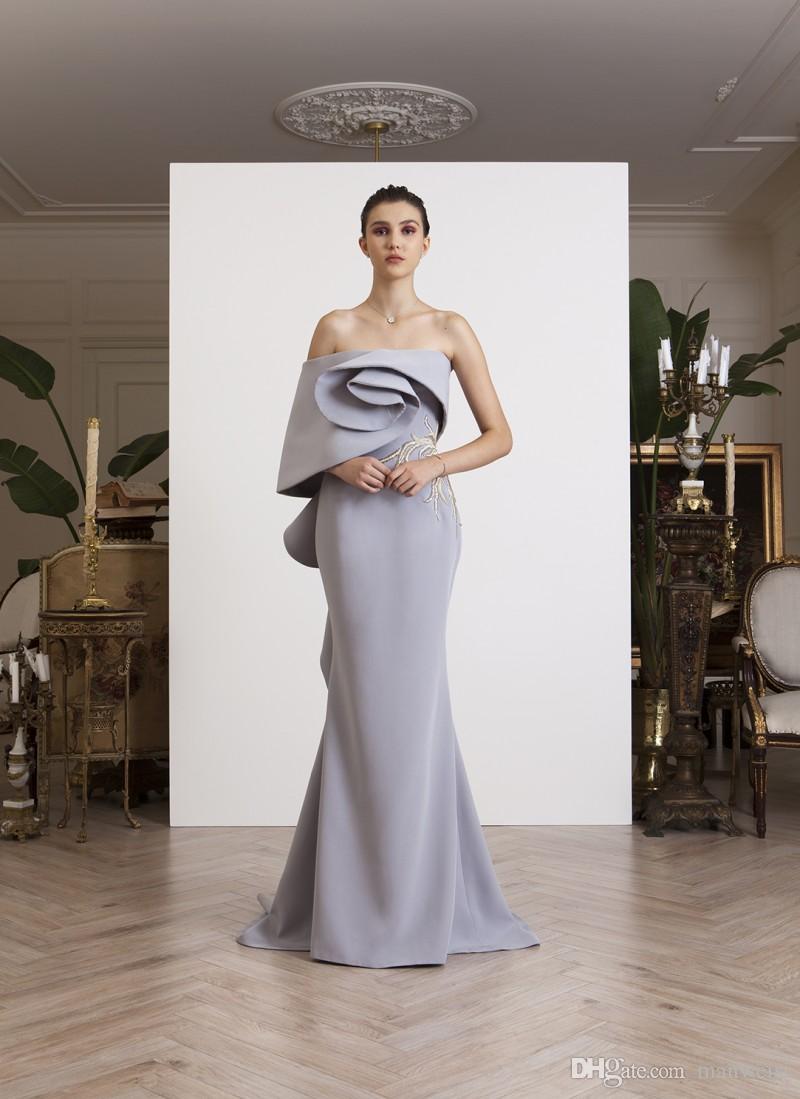 Azzi Osta 2020 Designer Mermaid Prom Dresses Embroidery Strapless Neck Celebrity Party Gowns Sweep Train Satin Formal Evening Dress