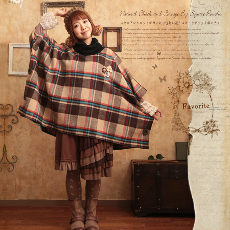 Mori Girl Women Coat Wool Plaid Poncho Flower Appliques Female Winter Coats Side Buttons Turtleneck Cloak Cape Coat T415, Color 1
Mori Girl Women Coat Wool Plaid Poncho Flower Appliques Female Winter Coats Side Buttons Turtleneck Cloak Cape Coat T415, Color 1